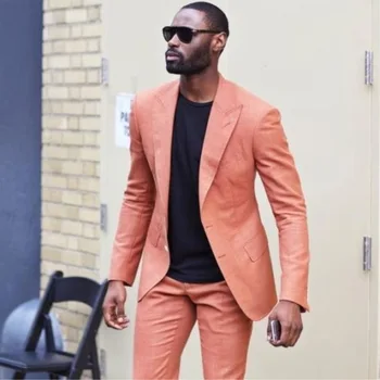 2019 Naujausius Dizaino Pasiekė Atlošas Dviejų Mygtukų Vyrų Kostiumai Custome Homme Persikų Vestuvių Tuxedos Paplūdimio Švarkas Slim Fit (Striukė+Kelnės)