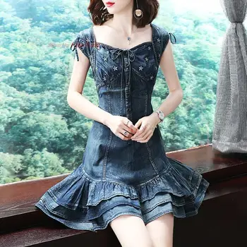 2023 kinijos derliaus džinsinio audinio suknelė tradicinių hanfu nacionalinės gėlių siuvinėjimas rankovių suknelė rytietiški liaudies a-line mini suknelė