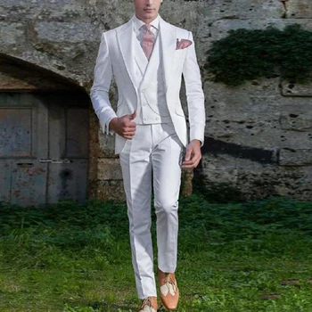 2023 Naują Atvykimo Balta Italijos Vestuvių Vyrų Kostiumai Jaunikis Tuxedos 3 Dalių (Švarkas+Kelnės+Liemenė) Geriausias Vyras Prom Drabužiai Kostiumas Homme