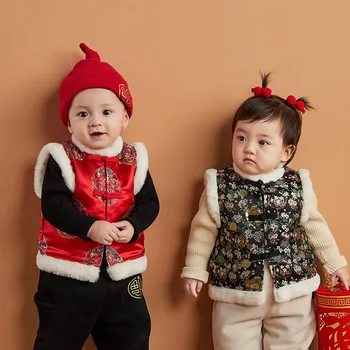 2023NEW Tradicinę Kinų naujieji Metai Apranga Liemenė Kūdikiui Vaikų Berniukų Hanfu Tango Kostiumas Palto Rankovių Kalėdų Žiemą