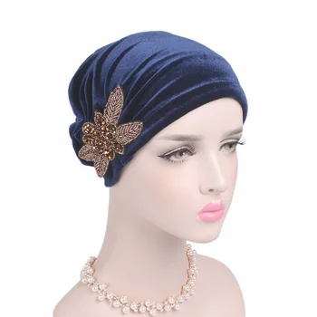 Aksomo Granulių Gėlių Beanies Skrybėlę musulmonų kalnų krištolas hijab šalikas Moterims Turbaną Skrybėlės Indija Kepurė Šalikas Vidinis islamo wrap skarų