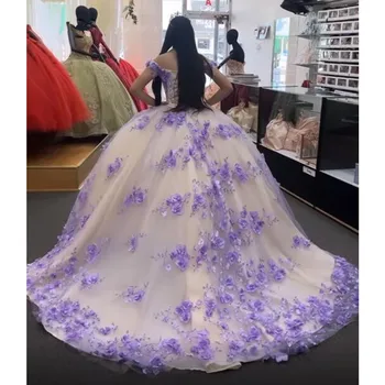 Alyvinė levandų Princesė Quinceanera Suknelės gėlių Appliques Brangioji Off Peties prom Saldus 16 Nėriniai-Up Vestidos 15 Anos