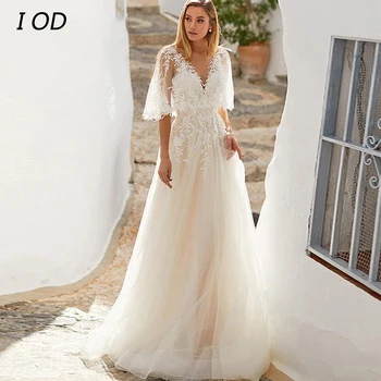 Aš OT Modernus A-Line Wedding Suknelė su V-Kaklo Nėrinių Aplikacijos Batwing Pusė Rankovių Backless Tiulio Nuotakos Suknelė Mygtuką, Vestidos De Novia