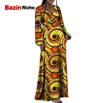 Dashiki Afrikos Maxi Suknelės Moterims Aukšto Juosmens V-karoliai ilgomis Rankovėmis Kulkšnies ilgis heidi bazin Turtingas Drabužiai moterims WY9306