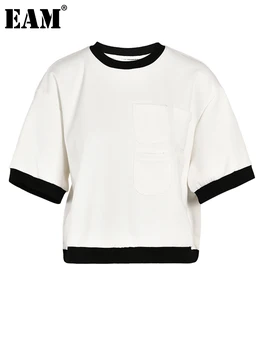 [EAM] Moterys, Balta Colorr-blokuoti Kišenės Didelis Dydis, T-shirt Naujas Apvalios Kaklo trumpomis Rankovėmis Mados Banga Pavasario Vasaros 2023 CPG0043