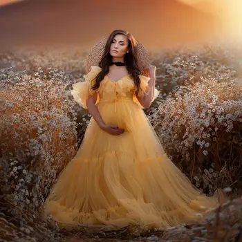 Elegantiškos Aukso Motinystės Drabužius Photoshoot Tiulio Raukiniai Nėštumo Suknelės Už Nuotrauką Šaudyti Moterų Suknelė Baby Shower