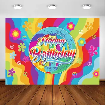 Groovy Hipių Šalis Fonas Bday Dekoracijos Photoshoot Fone Taikos ir Meilės 1960-ųjų Hipių Happy Birthday Party