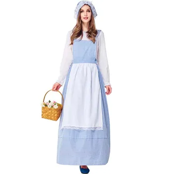 Helovinas Fantasia Šalies Cosplay Ūkio Kambarinės Kostiumas Dangaus Mėlynos spalvos Pledas Virtuvės Lady Suknelė M-2XL