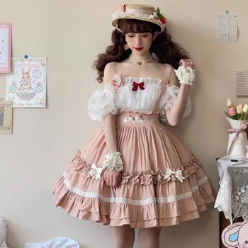 Japonija Viktorijos Stiliaus Lolita Dresse Moterų Off Peties Šifono Marškinėliai Saldus Braškių Dirželis Suknelė Tiktų Merginoms Gotikos Cosplay Rinkinys