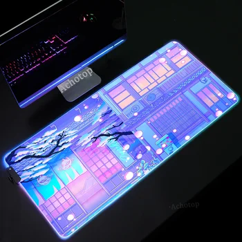Kawaii Mėnulio Kraštovaizdį Pelės Mygtukai XXL RGB Didelis Kilimėlis Kompiuterio Stalas Kilimėlis, LED Mielas Rožinis Žaidimų Pelės Mygtukai PC Gamer Klaviatūros Mygtukai