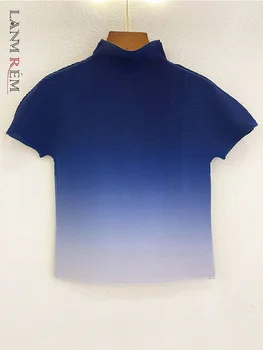 LANMREM Moterų Plisuotos Gradientas Liesas marškinėliai trumpomis Rankovėmis Megztinis Golfo 2023 Vasaros Moterų Mados Drabužių 2E1466
