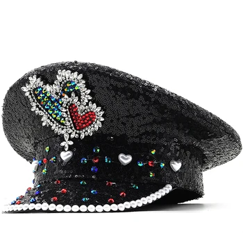 Mados Moterų Nuotaka Karinės Hat, Black China Deginimas Nuotakos Kapitonas Seržantas Skrybėlę Prabanga Kalnų Krištolas Festivalio Gimtadienio Dalis Skrybėlę