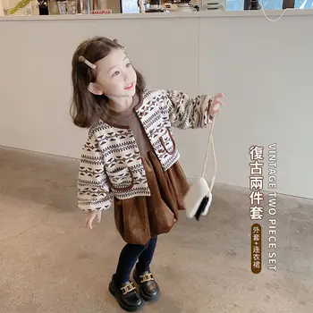 Mergaitės Pavasarį, Rudenį Nustatyti 2022 Naujų Korėjos Stiliaus Megzti Retro Stiliaus Suknelė, Medvilnė, Dviejų Dalių Komplektas Mados Kūdikių