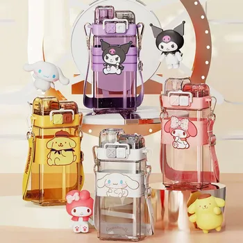 Naujas Anime Sanrios Mano Melodija Kuromi Vandens Puodelį Šiaudų Kawaii Cinnamoroll Pompompurin Didelės Talpos Butelis Nešiojamų Plastiko Puodelis Puodelis