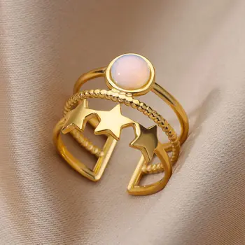 Nerūdijančio Plieno Star Opalas Žiedai Moterims Atidaryti Trijų sluoksnių Geometrinis Pločio Žiedai Prabangių Vestuvių Pora Žiedus Mados Juvelyrika Dovana