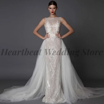 Nuostabus Nuimamas Traukinio Vestuvių Suknelė 2023 Brides su Valtis Kaklo, Rankovių Backless Aplikacijos Blizgančiais Undinė Vestuvinės Suknelės