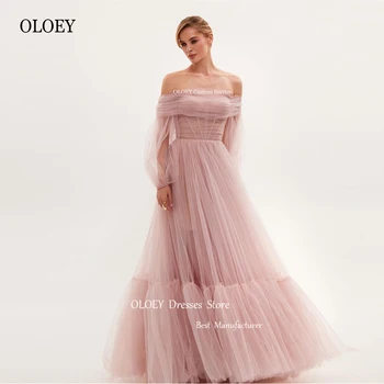 OLOEY 2023 Elegantiškas Blush Pink Tiulio Ilgai Prom Dresses nuo Peties Sluoksniuotos ilgomis Rankovėmis Vakare Chalatai Pasakų Šalis Oficialią Chalatai