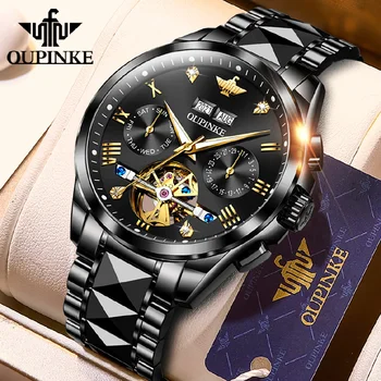 Originalus OUPINKE Prabangus Automatinis laikrodis Vyrams, Mechaninė Sapphire Kristalas atsparus Vandeniui Mados Top Brand Tuščiaviduriai Rankiniai Laikrodžiai