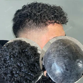 Patvarus Nematomas Skaidri Plona Oda Mens Toupee 15mm Afro Keistą Garbanotas Juodosios Afrikos Amerikos Žmogaus Plaukų Perukas Pynimo Protezas