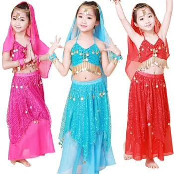 Pilvo šokio kostiumas dėvėti drabužiai vaikams šokių vaiko, vaikams, dovanų indijos šokių 2vnt-4pcs Viršuje&Sijonas ir Lankelis&Apyrankę,5 spalvų.