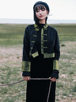 Retro Stiliaus Kinijos Sagtis Trumpas Kailis Moterų Kinų Stiliaus Mažų ilgomis Rankovėmis Aukštos Juosmens Lieknėjimo Viršų