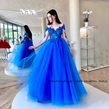 Royal Mėlyna Linija Vakare Šalis Suknelės Ilgomis Rankovėmis Nėrinių Appliuqes Karoliukai Prabanga Princesė Promenadzie Suknelė 2023 Baigimo Renginys Chalatai