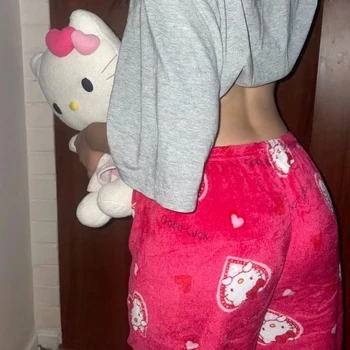 Sanrio Pajama Kelnės Hello Kitty Moteris Rudens-Žiemos Flanelė Atsitiktinis Kelnės Saldus Animacinių Filmų Flanelė Studentų Šiltas Atsitiktinis Kelnės
