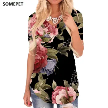 SOMEPET Gražus Marškinėliai Moterims Gėlės V-kaklo Marškinėlius Lapų T-shirts 3d Moteriški Drabužiai Vasarą Laisvi Nauji Aukštos Kokybės