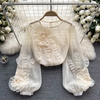 Sunkioji Pramonė 3D Gėlių Ilgas rankovėmis Marškinėliai moteriški Nauji Saldus Prarasti Slim Šifono Marškinėliai