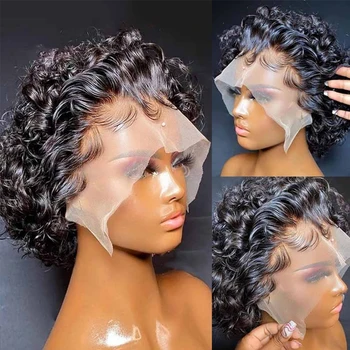 Trumpas Pixie Supjaustyti Garbanotas Žmogaus Plaukų Perukas Brazilijos Trumpas Pixie Supjaustyti Curl 13X1 Skaidrus Nėriniai Priekinės Žmogaus Plaukų Perukai TTHAIR