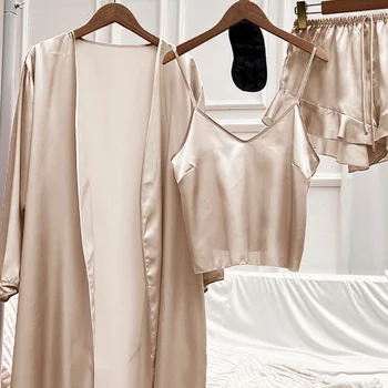 V-Kaklo Sleepwear Moterų Komplektus 3PCS Pižama Nustatyti Kimono Skraiste Suknelė Su Sling&Šortai Vasaros Namų Drabužių Satino Seksualios Pižamos