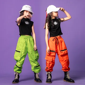 Vaikas Kpop Hip-Hop Drabužių Juoda Bakas Pasėlių Viršų Žalia Oranžinė Streetwear Taktinis Krovinių Jogger Pants Mergina Kostiumas Drabužiai