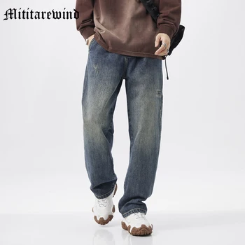 Vyriški New American High Street Džinsai Retro Streetwear Prarasti Tiesiai Pločio Kojų Kelnės Plauti Nelaimę Jaunimo Džinsinio audinio Kelnės