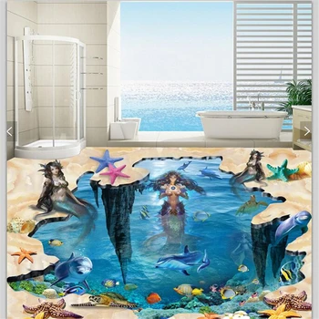 wellyu Užsakymą grindys 3d обои lipnios paplūdimys, mermaid povandeninį pasaulį 3D grindų plytelės trijų dimensijų tapyba grindys
