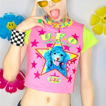 Y2k Emo Vasarą Moterys korėjos, Japonijos Harajuku Trumpas Rankovės Egirl Anime T-shirts Estetinės Negabaritinių Kawaii Marškinėlius Viršūnes Drabužiai