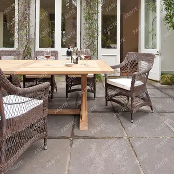 Šiuolaikinės lauko laisvalaikio rotango stalas ir kėdė villa terasa, sodas vandeniui, saulės paprasta lentelė tiko baldai
